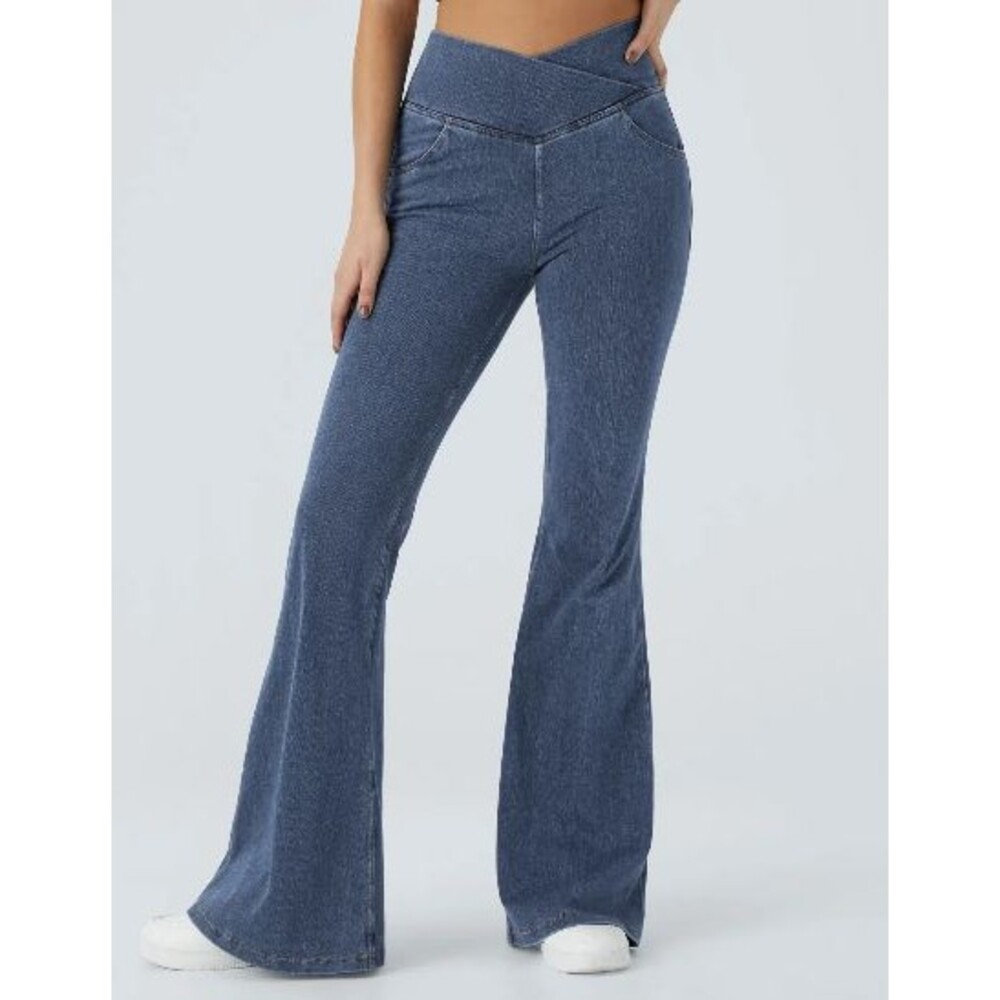 Halara Flex High Waisted Crossover Flare Leg Jeans Size Large Tall L Denim Blue